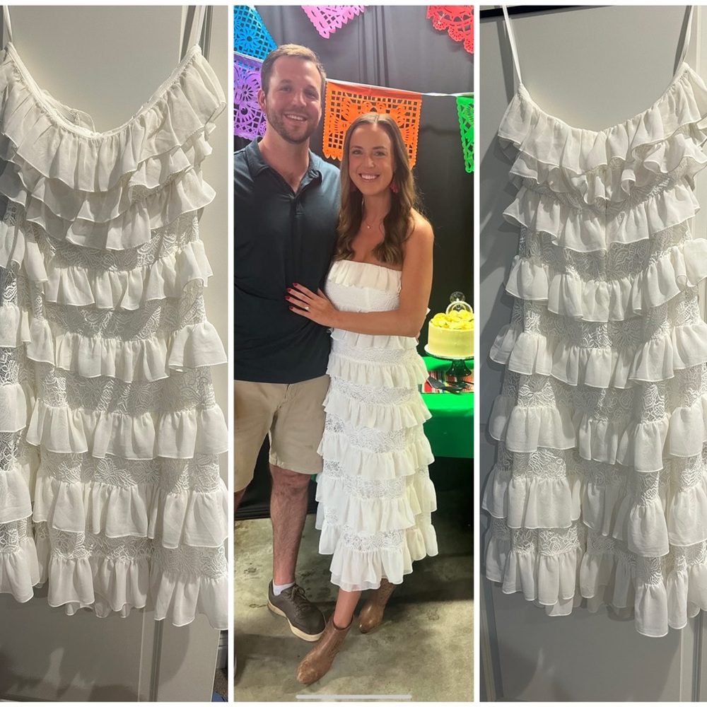 BHLDN Strapless Tiered Ruffle Lace Midi Dress